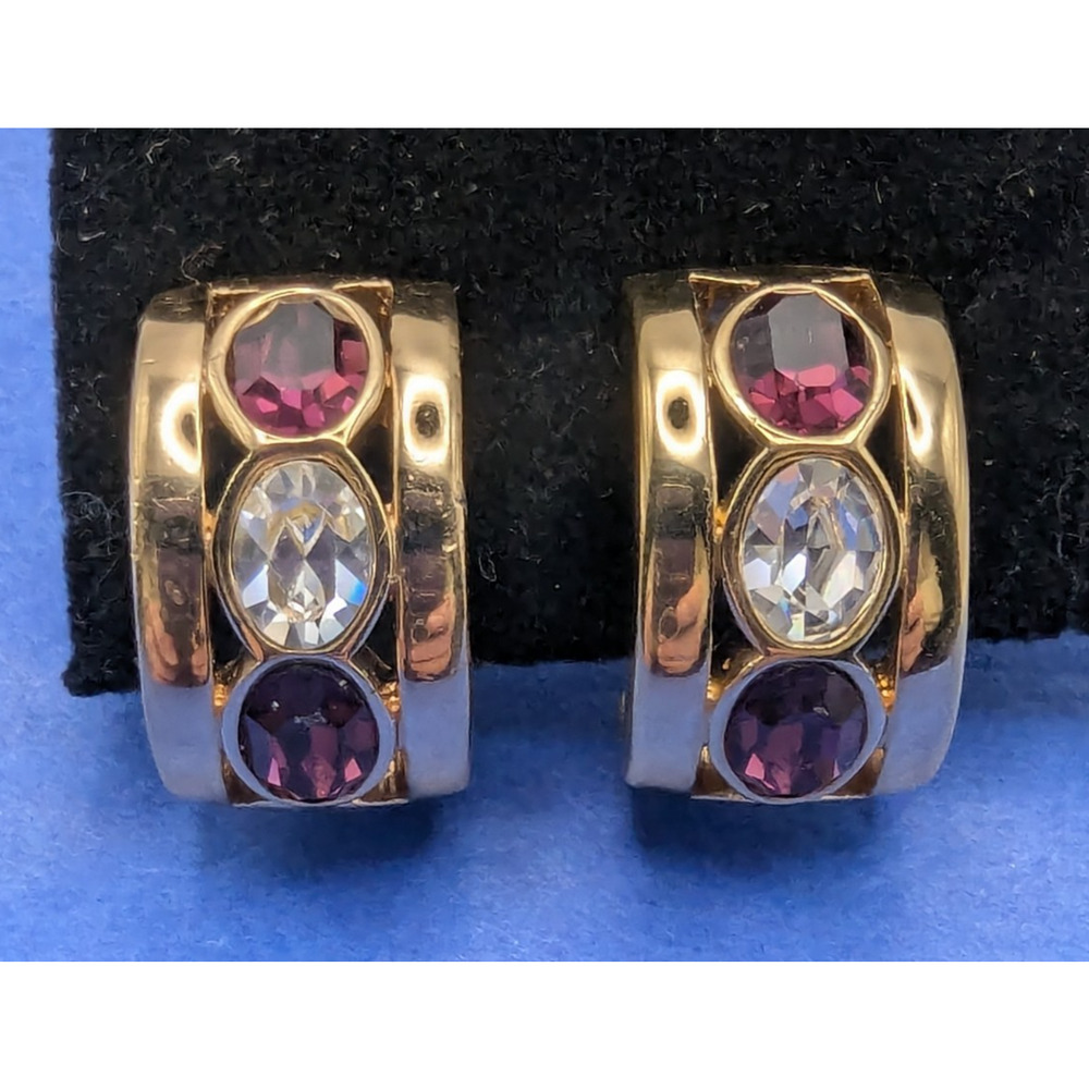 SAL Swarovski Gold Tone Half Hoop w/ Purple Crystal Earrings clip-on vintage
